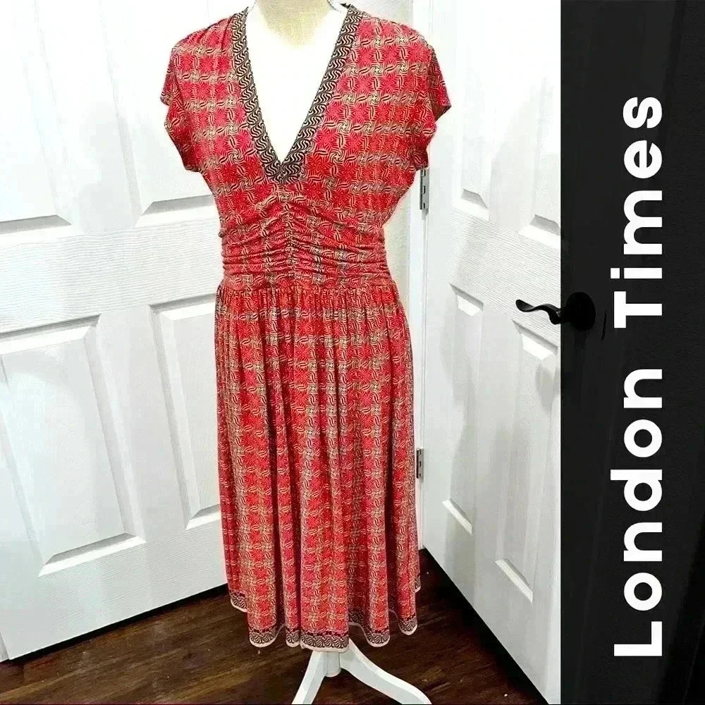 London Times Midi cinched waist v- neck dress